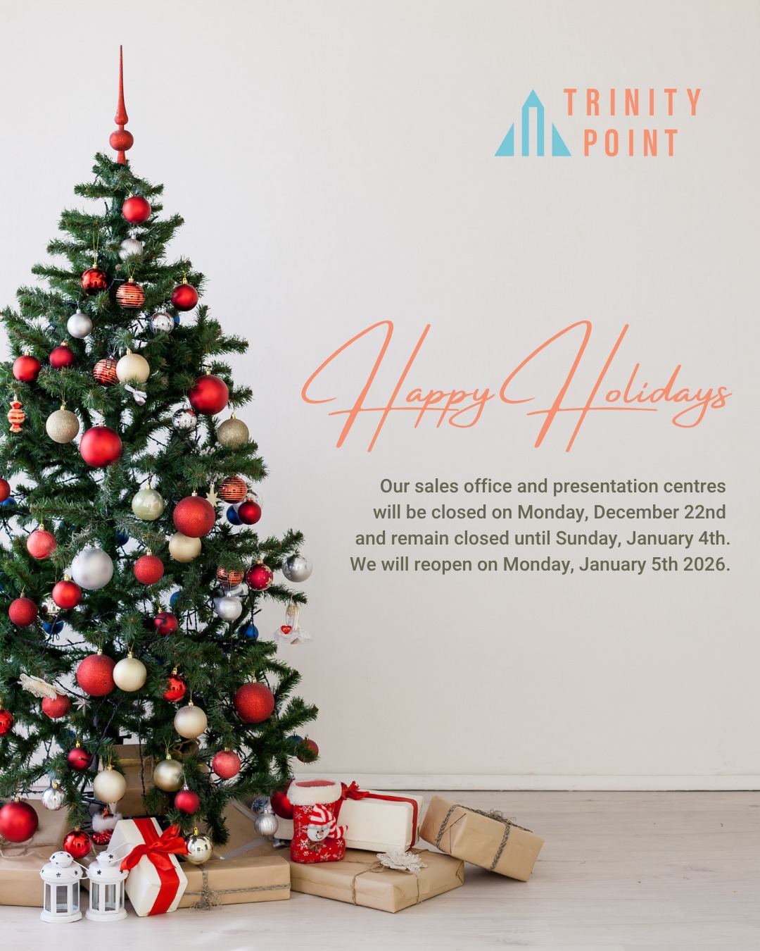 Wishing you a holiday season filled with cozy moments, joyful laughs, and unforgettable memories. 

Happy holidays from all of us at Trinity Point Developments! ✨